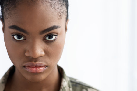 Portrait Of Black Young Military Female With Serious Face Expressionの写真素材