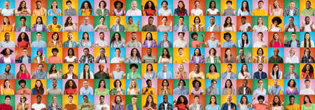 Headshot happy diverse people make gestures and signs with hands, isolated on colorful background,...