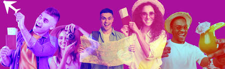 Cheerful multiracial millennials getting ready for vacation, purple background