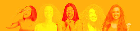 Collection of happy multicultural females on orange, collageの写真素材