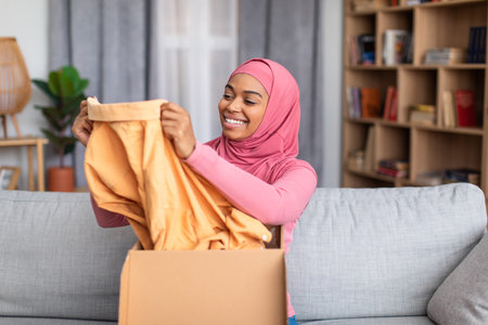 Happy black muslim woman opening carton box, checking her delivery, holding new clothes and smilingの写真素材