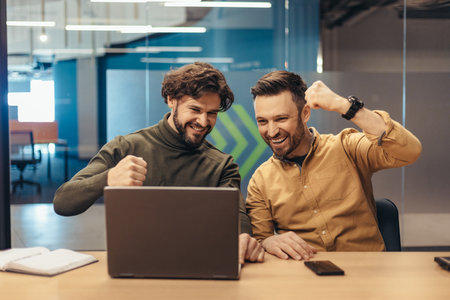 Triumphant coworkers celebrating business achievement or success, making great deal, looking at...