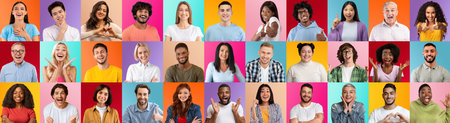 Peoples Emotions. Mosaic With Happy Excited Faces Of Multiethnic Men And Womenの写真素材
