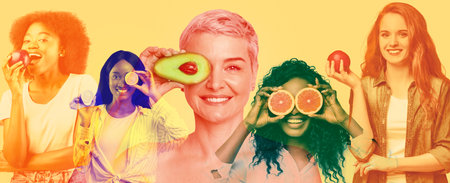 Multiethnic ladies posing with diverse fruits and vegetables, collage