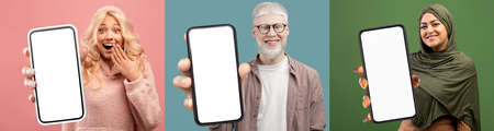 Young ladies and albino guy showing smartphones, mockup
