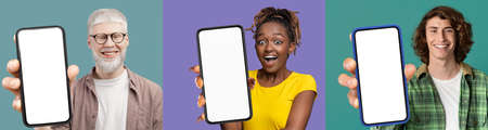 Stylish millennial people showing mobile phones with blank displays