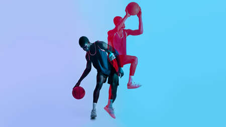 Professional sportsman playing basketball on colorful background, collage