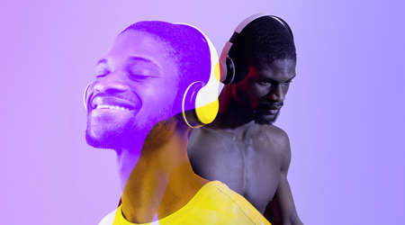 Peaceful black guy over purple background, double exposure, collage