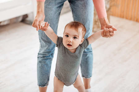 Little baby boy or girl taking first steps with mother help, woman holding childs hands, home...