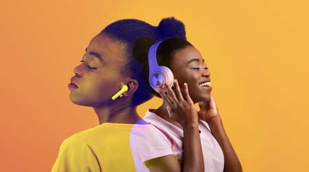 Happy african american lady listening to music, double exposureの写真素材