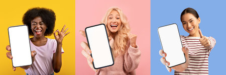 Mosaic of pretty multiracial ladies showing mobile phones, gesturingの写真素材