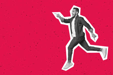 Happy arab guy running towards copy space, creative image