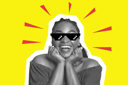 Excited black lady in eyeglasses over colorful background, collage
