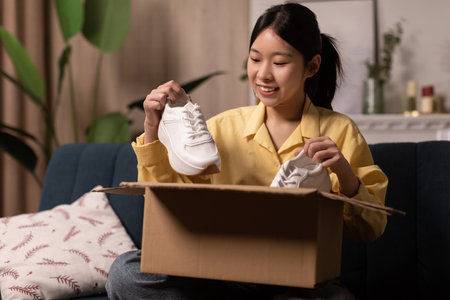 Happy Japanese Woman Unpacking Box Holding Sneakers Shoes At Homeの写真素材