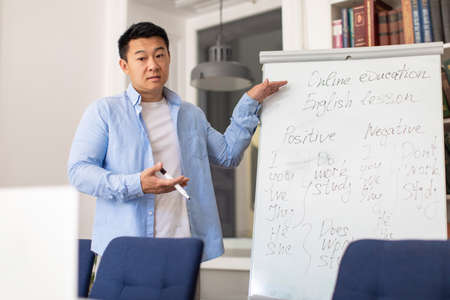 Asian English Teacher Man Pointing At Whiteboard Standing In Classroomの写真素材