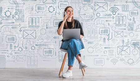 Remote Work. Woman Using Laptop And Talking On Cellphone Over Media Icons