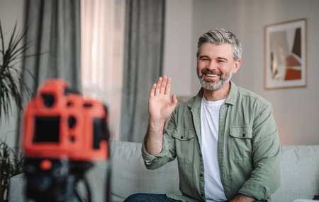 Smiling caucasian mature male with beard waving hand at camera, shooting video in living room interiorの写真素材