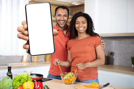 Cheerful millennial african american couple preparing salad with organic vegetables together show...