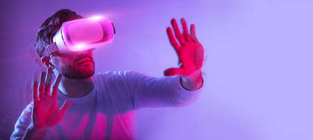 Hi-tech entertainment concept, collage. Man in virtual reality glasses.