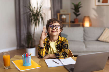 E-learning. Cute schoolboy in eyeglasses raising hand and smiling to camera, studying distantly at...