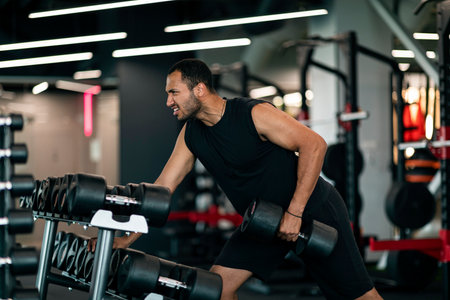 Motivated Young Black Male Athlete Exercising With Dumbbell At Modern Gymの写真素材
