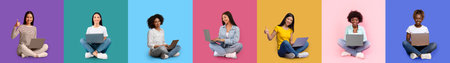 Work and education remotely. Smiling young international women sit with laptop, show thumb up