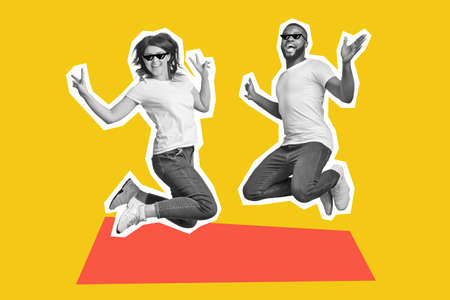 Carefree international lovers having fun over colorful background