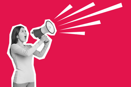 Young asian woman making announcement, using megaphone, collageの写真素材