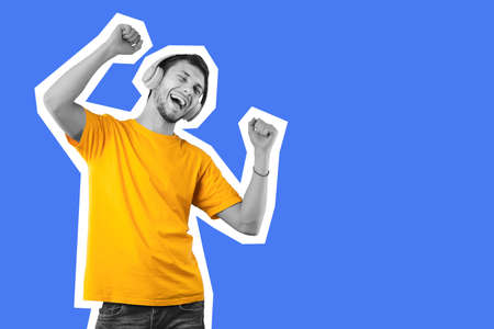 Happy millennial guy using wireless headset, dancing and singing, collage