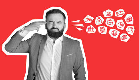 Distressed bearded businessman showing shoot me gesture, magazine style