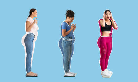 Shocked smiling international young women, overweight female drawn around, checking weight on scalesの写真素材