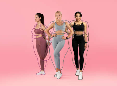 Smiling slim multiethnic millennial female athletes in sportswear, overweight ladies drawn around,...