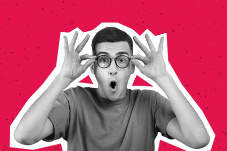 Amazed guy in eyeglasses on colorful background, collageの写真素材