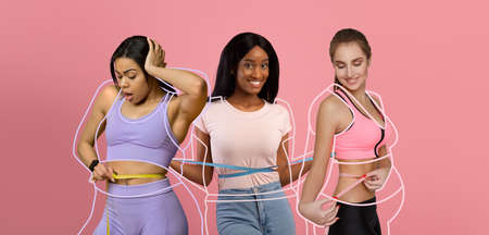 Shocked happy different millennial women, overweight ladies drawn around, checking waist with...