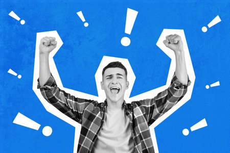 Happy guy celebrating success, raising hands up, collageの写真素材