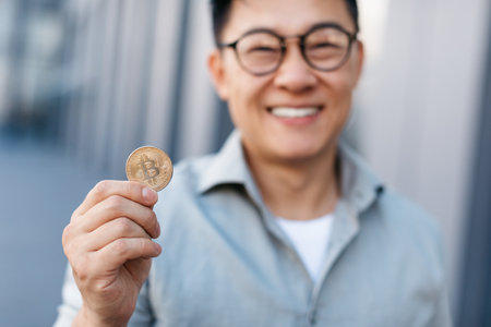 Smiling asian middle aged businessman showing bitcoin, standing near modern office building,...