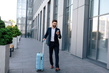 Happy confident handsome young caucasian male with beard in suit with suitcase goes, chatting by smartphoneの写真素材