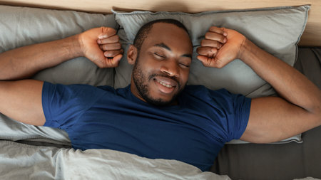 Top View Of Black Man Sleeping Lying In Bedroom, Panoramaの写真素材