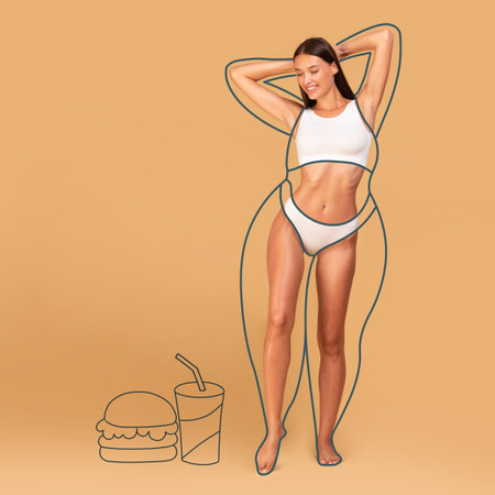 Dieting and weight loss concept. Fast food and drawn outlines around slim female body, collage, croppedの写真素材