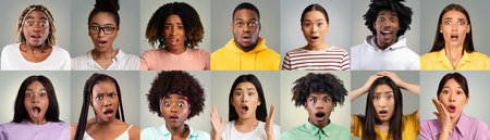 Set of surprised young men and women on grey, collageの写真素材