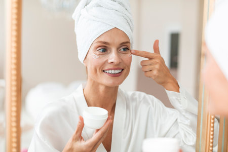 Beautiful middle aged woman in silky bathrobe applying moisturizing eye cream, enjoying face care routineの写真素材