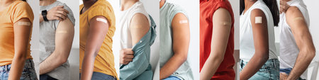 Multiracial group of unrecognizable people got vaccinated, cropped, collage