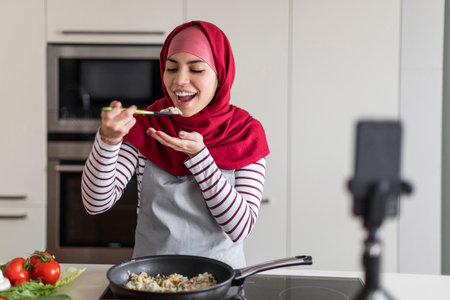 Happy Islamic Woman In Hijab Recording Video While Cookingの写真素材