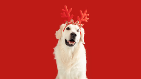 Dog Christmas banner. Funny golden retriever dog wearing xmas reindeer antlers, sitting on red background, panoramaの写真素材