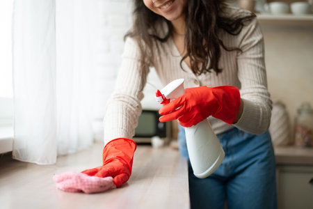 Unrecognizable maid in rubber gloves cleaning countertop at kitchen interior, hands with detergent and ragの写真素材