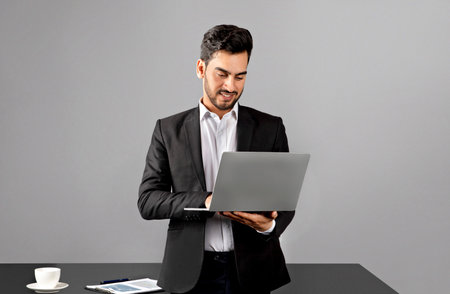 Portrait Of Smiling Arab Businessman In Suit Using Laptop In Office