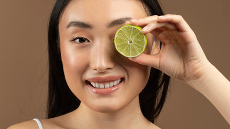 Fruit vitamins for beauty. Young asian woman holding lime in front of her eye, posing over brown background, panoramaの写真素材