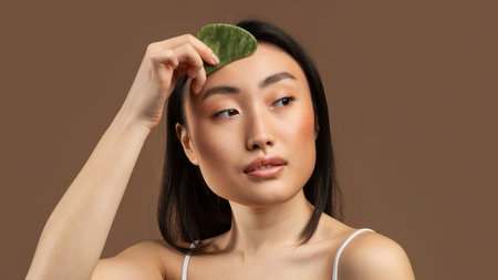 Sensual asian lady doing daily skin care routine, massaging facial skin with jade gua sha scrapper,...