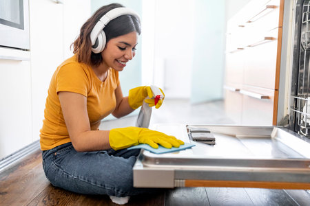 Smiling Middle Eastern Female Wiping Washing Machine Surface While Cleaning In Kitchenの写真素材