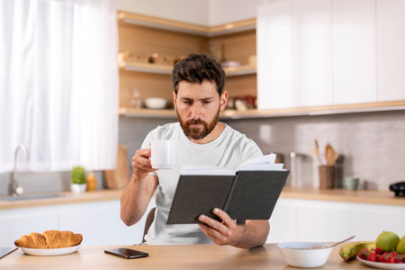 Serious millennial caucasian guy with beard in domestic clothes drinks, has breakfast, coffee and reads bookの写真素材